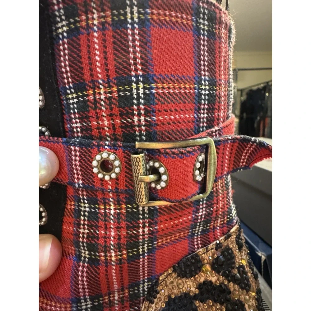 Betsey Jonnie Boots Women Heathr Red Plaid Size 9.5 Holiday Pearl Sequin Animal